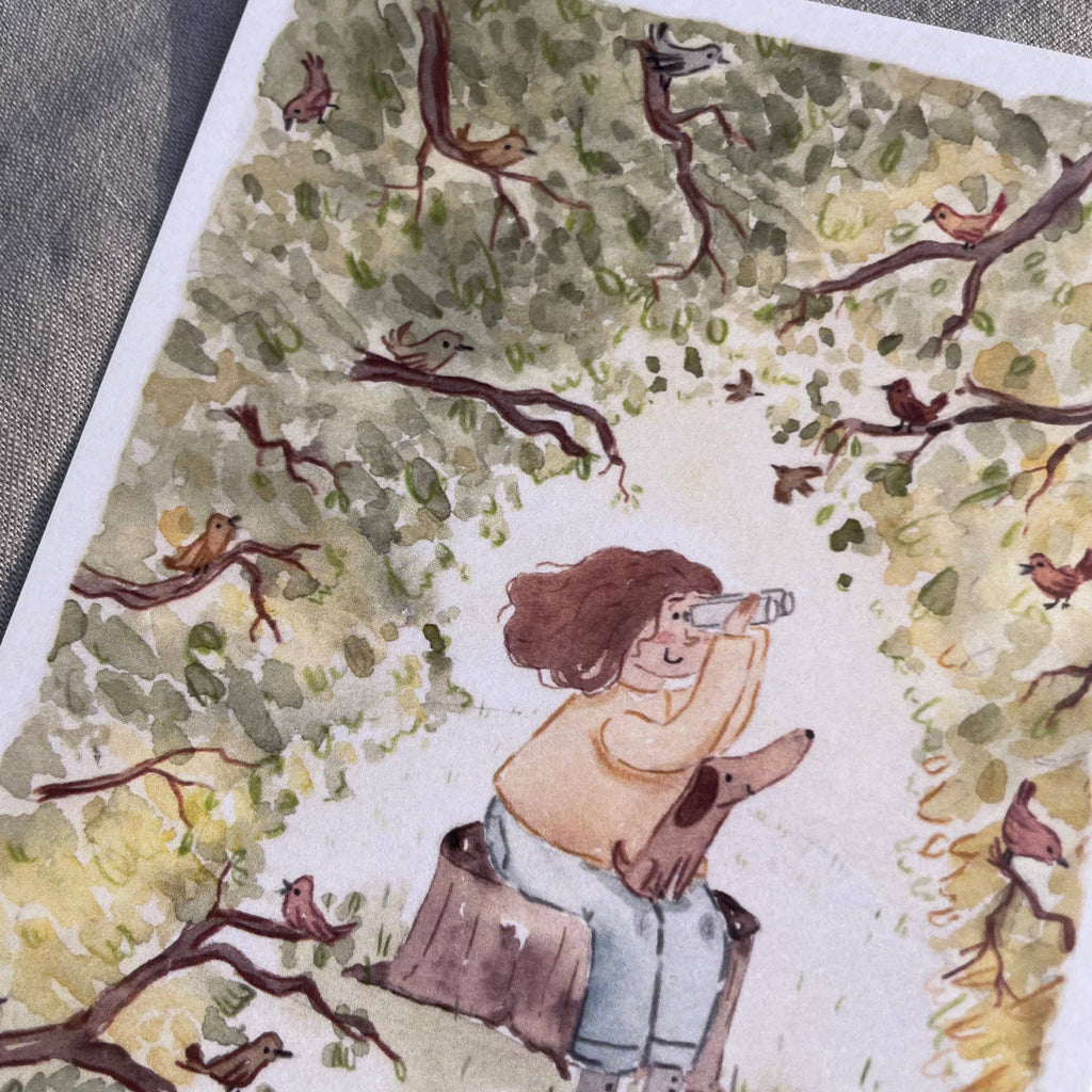 Postkarte Vogelbeobachtung von Hannahs Firlefanz A6, Detail mit Fernglas