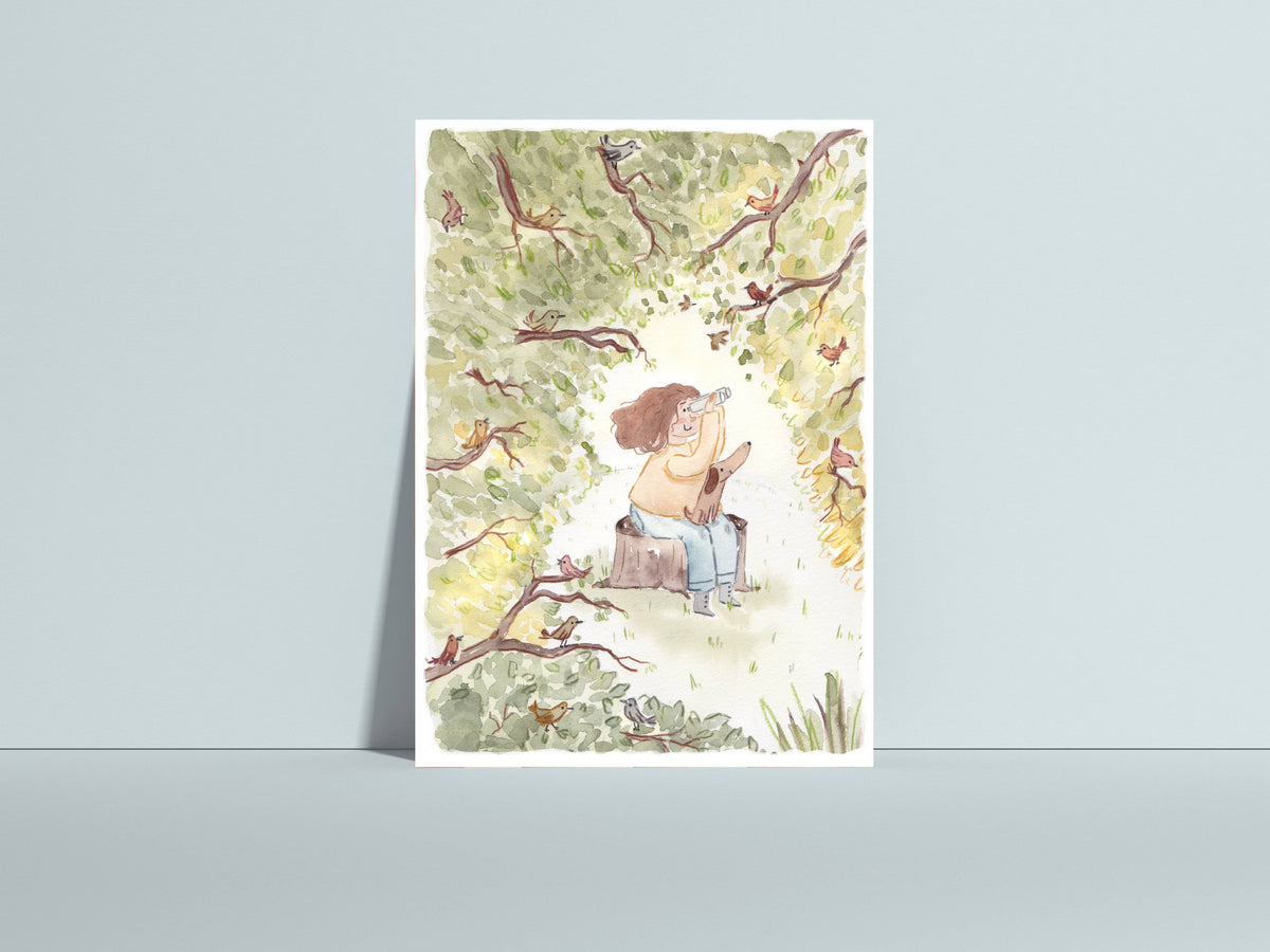 Postkarte Vogelbeobachtung von Hannahs Firlefanz A6, an eine helle Wand gelehnt