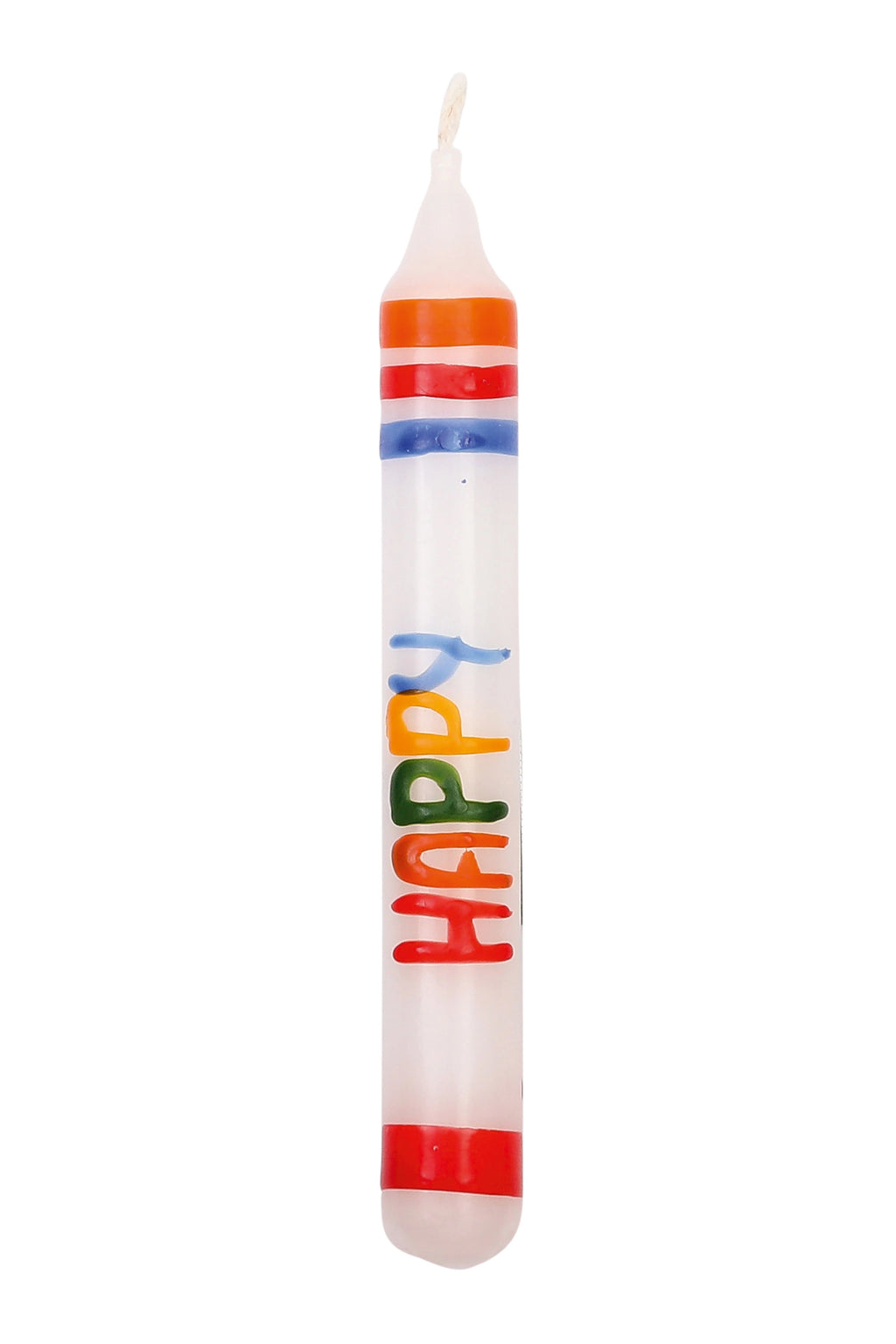 Kerze Happy Birthday von Ahrens, weiße Kerze mit buntem Schriftzug Happy