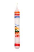 Kerze Happy Birthday von Ahrens, weiße Kerze mit buntem Schriftzug Happy