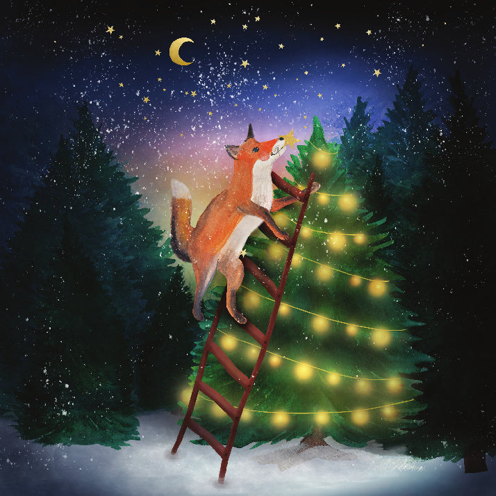 Motiv Baum schmücken von Lotte Drouen für die magische Lampe: Fuchs auf einer Leiter schmückt einen leuchtenden Tannenbaum in der verschneiten Nacht, Ansicht 2