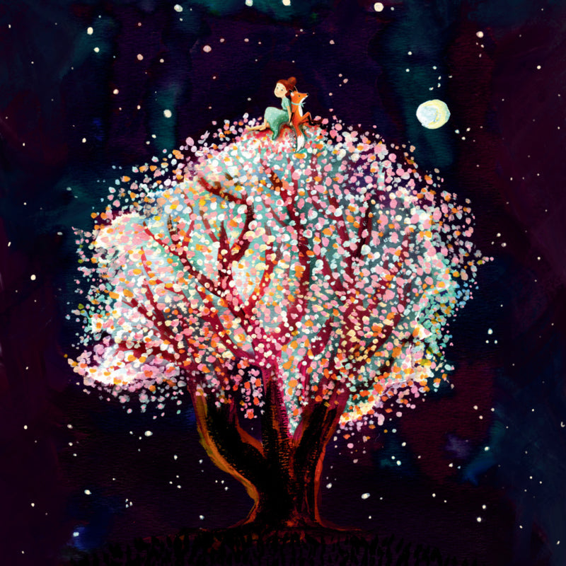 Motiv Magischer Baum von Esther Bennink für die magische Lampe: Leuchtender Blütenbaum vor einem dunklen Sternenhimmel mit Mond, Ansicht 2