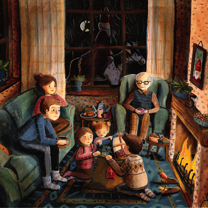 Motiv Weihnachtsabend von Esther Bennink für die magische Lampe: Familie im gemütlichen Wohnzimmer vor dem Kamin am Weihnachtsabend, Ansicht 2