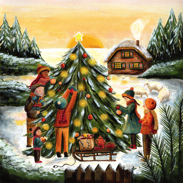Motiv Weihnachtsbaum von Esther Bennink für die magische Lampe: Familie schmückt draußen im Schnee einen Weihnachtsbaum, dahinter ein Haus im Abendlicht, Ansicht 2