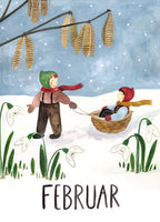 Monatskarte Februar von Joringl, Wichtel mit Korbschlitten zwischen Schneeglöckchen