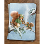 Postkarte Eicheltee von Iris Esther A6: zwei Eichhörnchen in Mütze und Strickjacke trinken auf einem verschneiten Ast Eicheltee