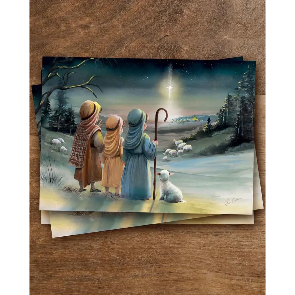 Postkarte Kleine Hirten von Iris Esther A6: Kinder als Hirten mit ihren Schafen stehen in der Heiligen Nacht unter dem Sternenhimmel