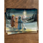 Postkarte Kleine Hirten von Iris Esther A6: Kinder als Hirten mit ihren Schafen stehen in der Heiligen Nacht unter dem Sternenhimmel