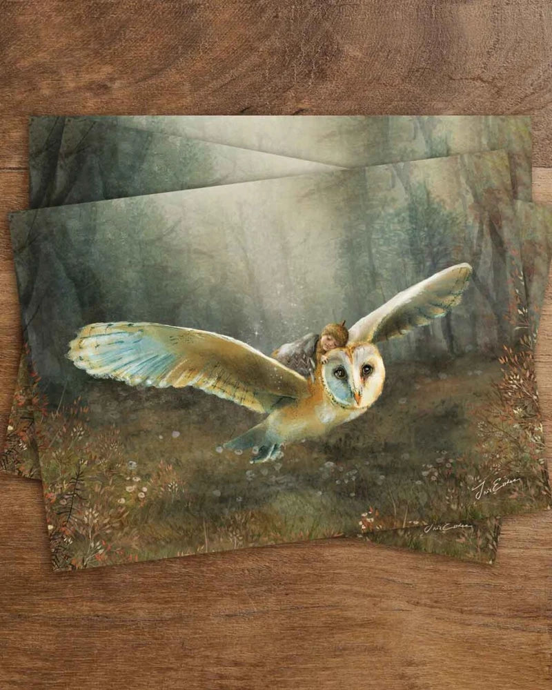 Postkarte Traumflug von Iris Esther A6: eine Eule gleitet durch den Wald, auf ihrem Rücken schläft ein kleines Kind unter einer Decke