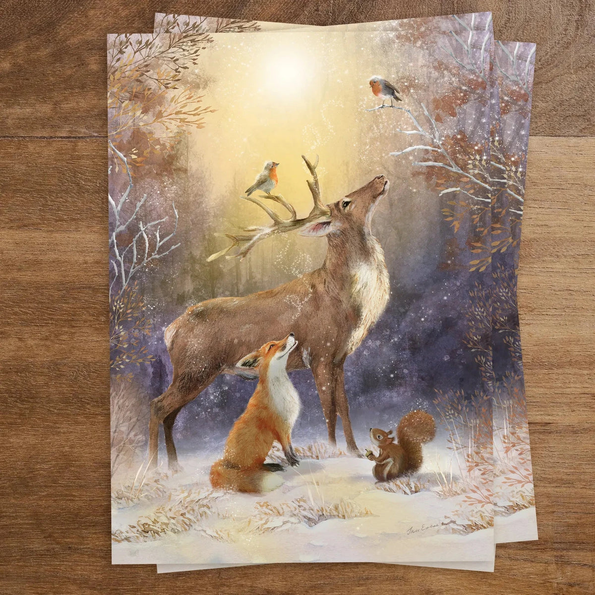 Postkarte Winterwunder von Iris Esther A6: ein Hirsch hebt im goldenen Wintersonnenlicht den Kopf, Fuchs, Eichhörnchen und Rotkehlchen schauen zu
