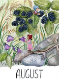 Monatskarte August von Joringl, Wichtel zwischen Brombeeren und Glockenblumen