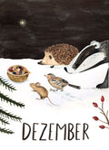 Monatskarte Dezember von Joringl, Igel, Dachs und Mäuse im Schnee