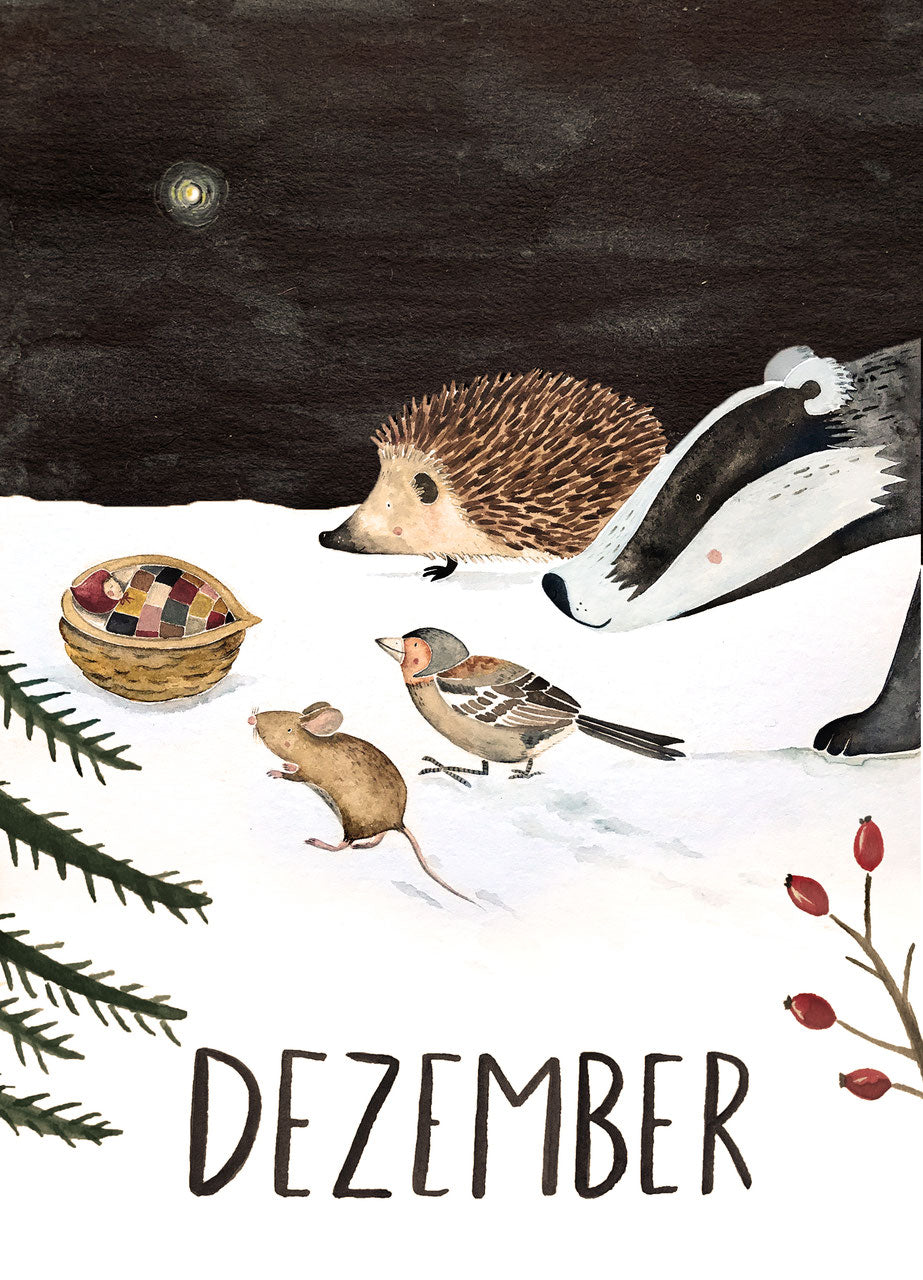 Monatskarte Dezember von Joringl, Igel, Dachs und Mäuse im Schnee
