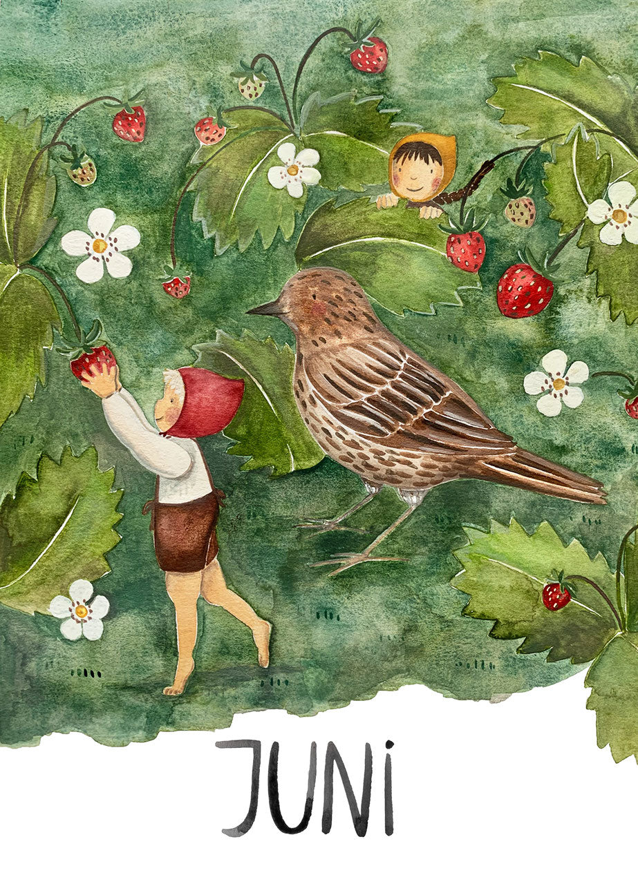 Monatskarte Juni von Joringl, Wichtel pflückt Walderdbeeren neben einem Vogel