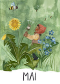 Monatskarte Mai von Joringl, Wichtel mit Pusteblume zwischen Löwenzahn