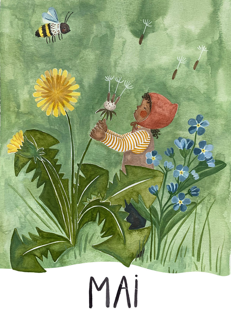 Monatskarte Mai von Joringl, Wichtel mit Pusteblume zwischen Löwenzahn