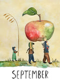 Monatskarte September von Joringl, drei Wichtel tragen einen großen Apfel