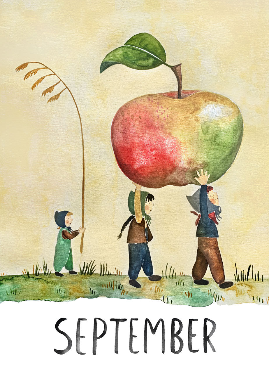 Monatskarte September von Joringl, drei Wichtel tragen einen großen Apfel
