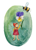 Postkarte Veilchenwichtel von Joringl, Wichtel mit Blüte und Hummel