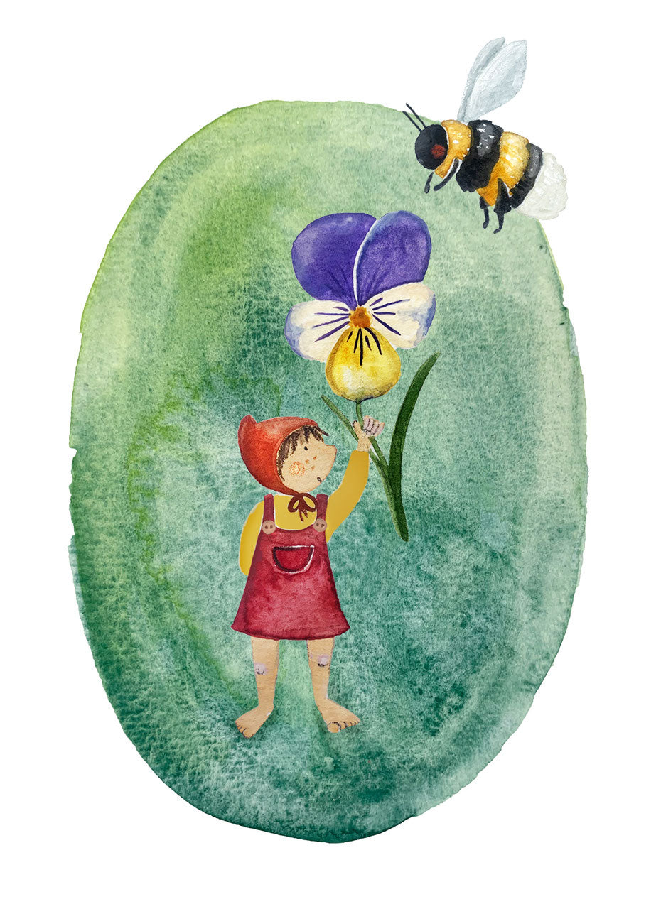 Postkarte Veilchenwichtel von Joringl, Wichtel mit Blüte und Hummel