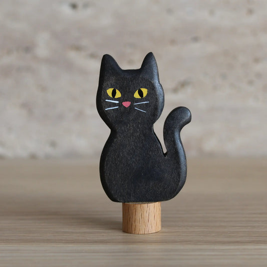 Juharka Stecker Schwarze Katze aus Ahornholz, sitzende schwarze Katze mit gelben Augen auf Holzfuß