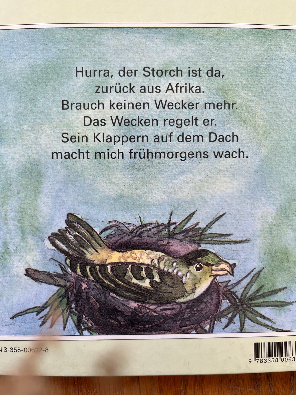 Kinderbuch Ein Nest, versteckt auf dichten Zweigen 2. Hand, Rückseite mit Storchengedicht, Foto