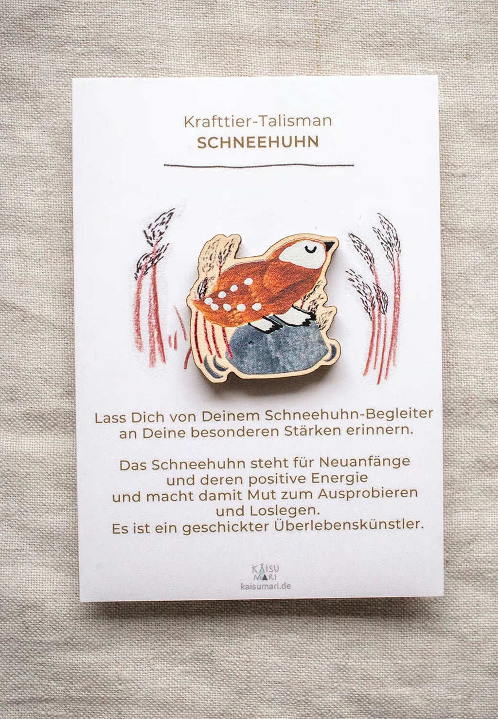 Krafttier-Pin Schneehuhn aus Holz von KaisuMari