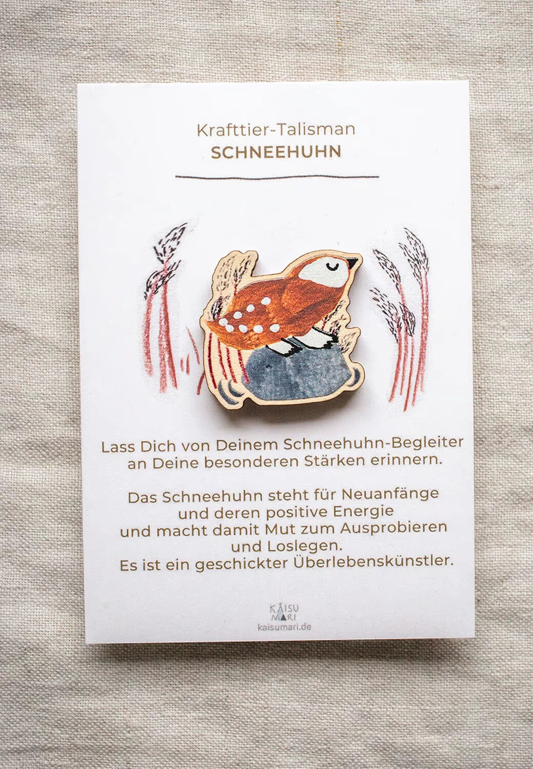 Krafttier-Pin Schneehuhn aus Holz von KaisuMari
