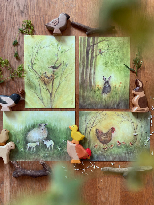 4er Kunstdruck-Set Tiere von Ode Desjardins A5, Vogelnest, Hase, Schaf mit Lämmern und Huhn mit Küken, Foto