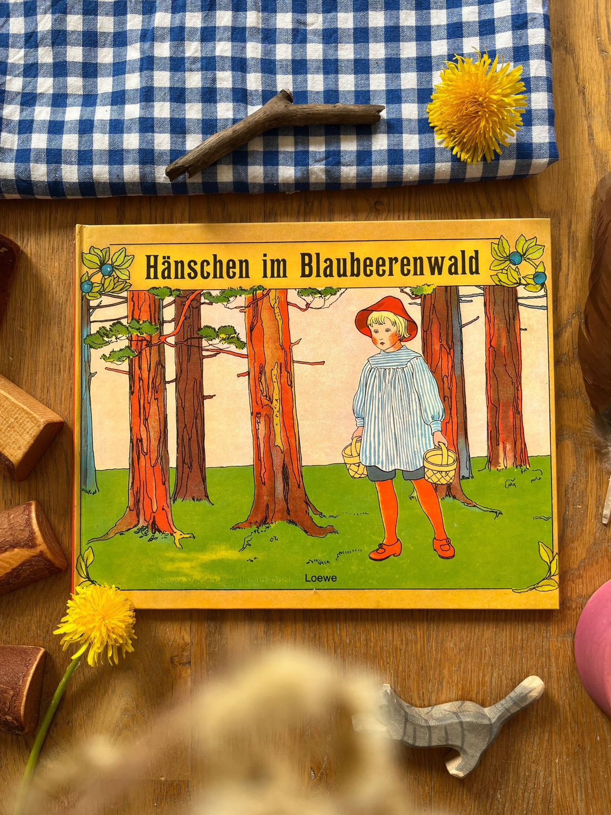 Bilderbuch Hänschen im Blaubeerenwald von Elsa Beskow 2. Hand, Cover mit Hänschen und zwei Körben im Kiefernwald, Foto