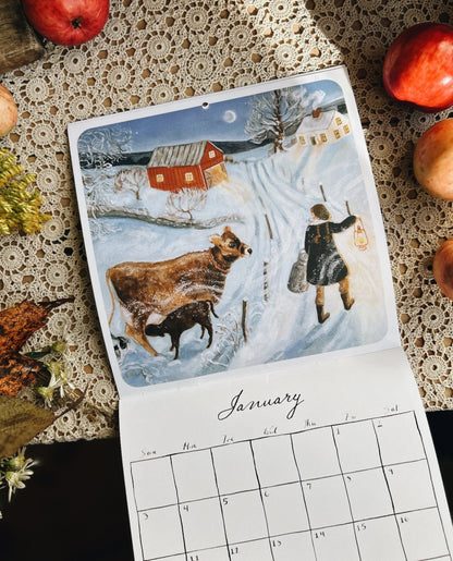 Aufgeschlagener Loré Pemberton Mini Kalender 2027 Year of Whimsy mit Monatsbild und Kalendarium