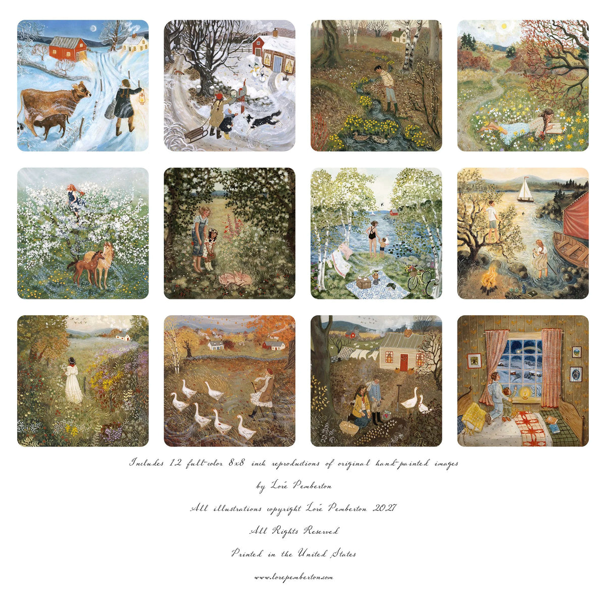 Rückseite des Loré Pemberton Mini Kalenders 2027 Year of Whimsy mit allen zwölf Monatsbildern
