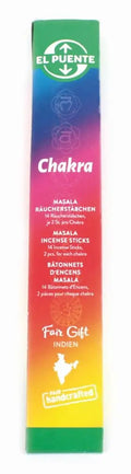 Masala-Räucherstäbchen Chakra von El Puente, Packung Masala-Räucherstäbchen Chakra in Regenbogenfarben