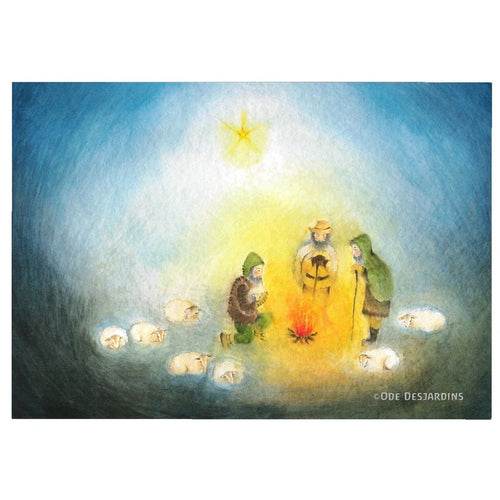 Kunstdruck aus dem Set Weihnachtszeit von Ode Desjardins, Hirten mit Schafen am Feuer unter dem Stern