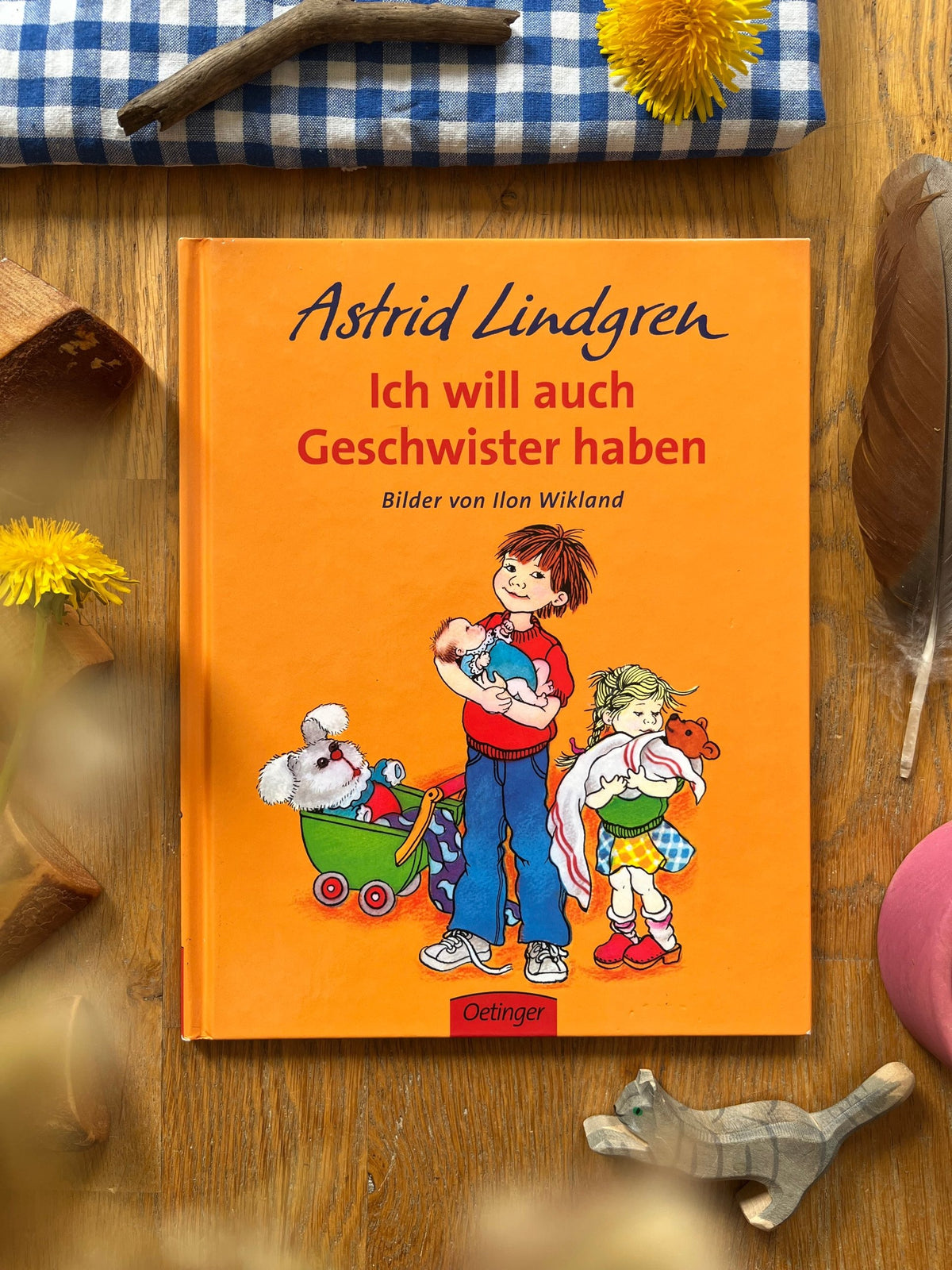 Bilderbuch Ich will auch Geschwister haben von Astrid Lindgren 2. Hand, oranges Cover mit Peter und Baby, Foto