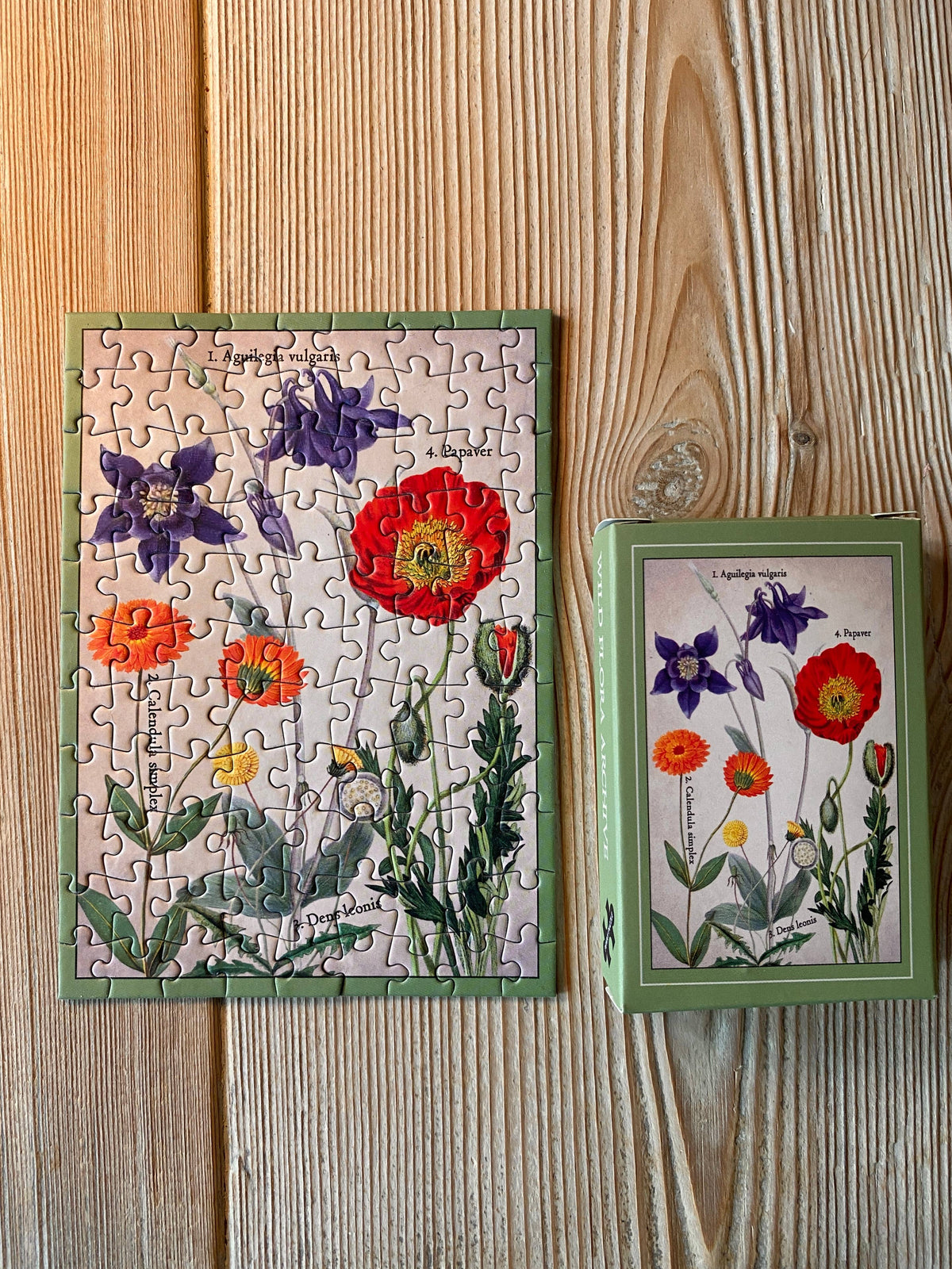 Minipuzzle Wildblumen-Archiv von Penny Puzzle 99 Teile, fertig gepuzzelt neben der Schachtel