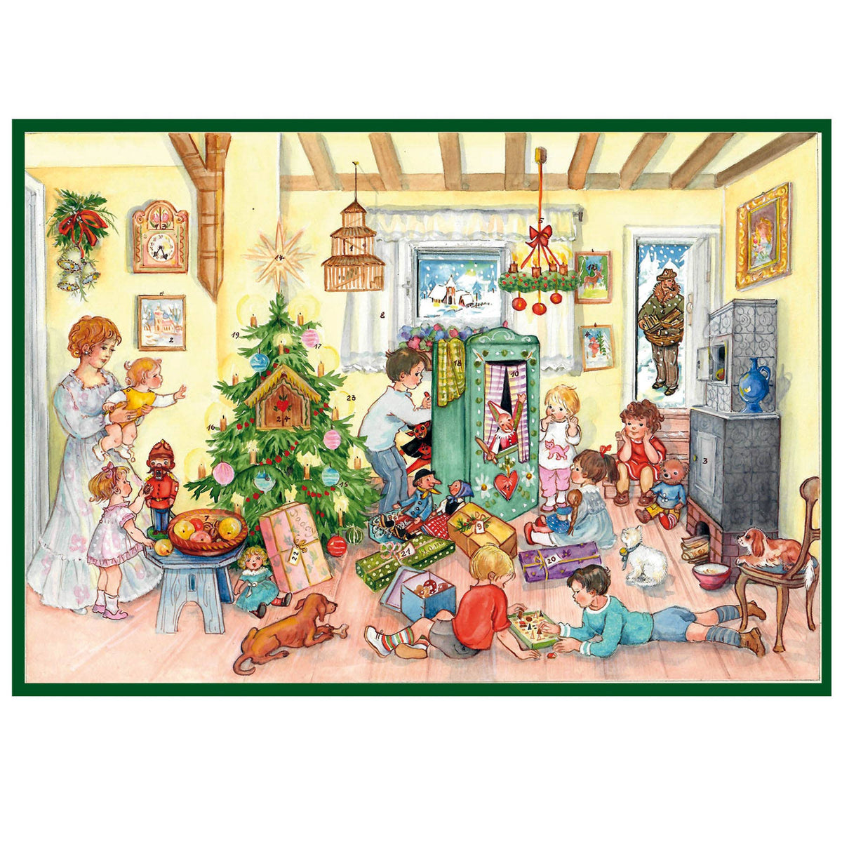Adventskalender Bescherung an Heilig Abend von Sellmer, Weihnachtszimmer mit Baum und Geschenken