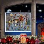 Adventskalender Schneeballschlacht vor dem Haus von Sellmer am Fenster