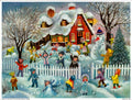 Adventskalender Schneeballschlacht vor dem Haus von Sellmer, Kinder im Schnee vor dem Haus