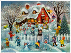 Adventskalender Schneeballschlacht vor dem Haus von Sellmer, Kinder im Schnee vor dem Haus