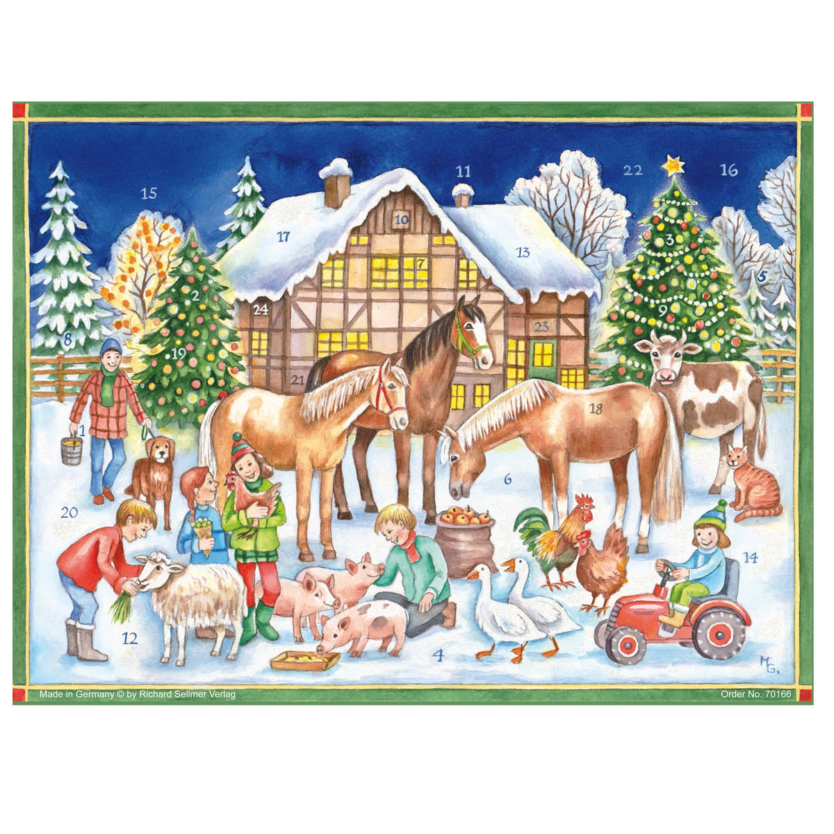 Adventskalender Weihnachten mit den Tieren von Sellmer, Bauernhof mit Tieren im Schnee