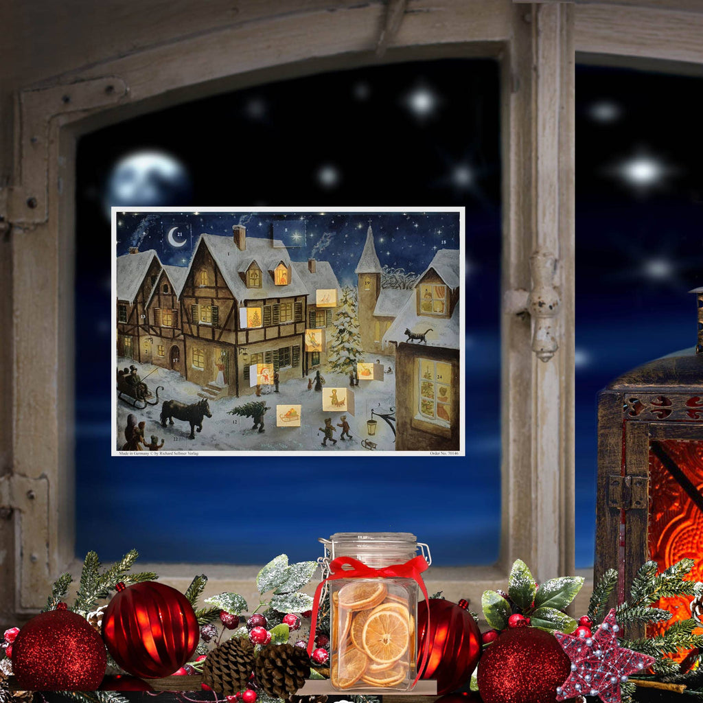 Adventskalender Weihnachtsabend im Dorf von Sellmer am Fenster