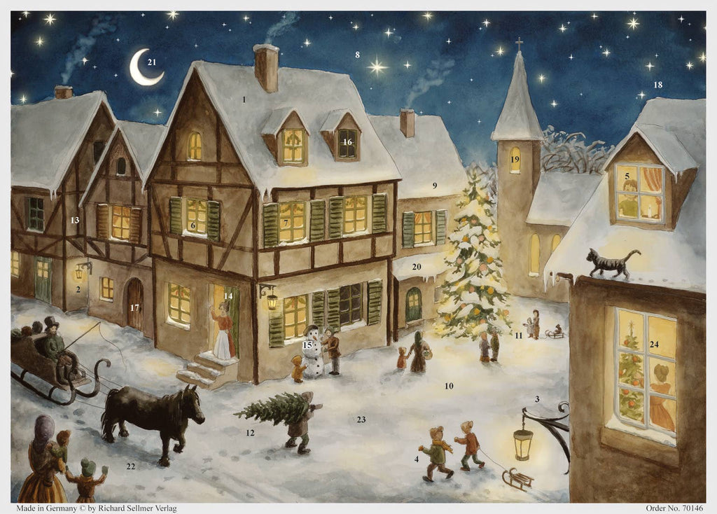 Adventskalender Weihnachtsabend im Dorf von Sellmer, verschneites Fachwerkdorf am Abend