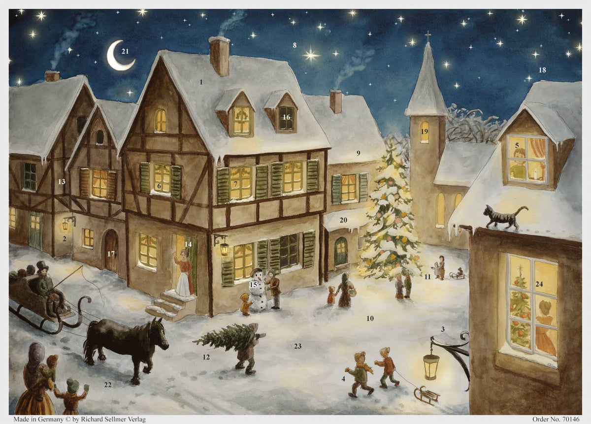 Adventskalender Weihnachtsabend im Dorf von Sellmer, verschneites Fachwerkdorf am Abend