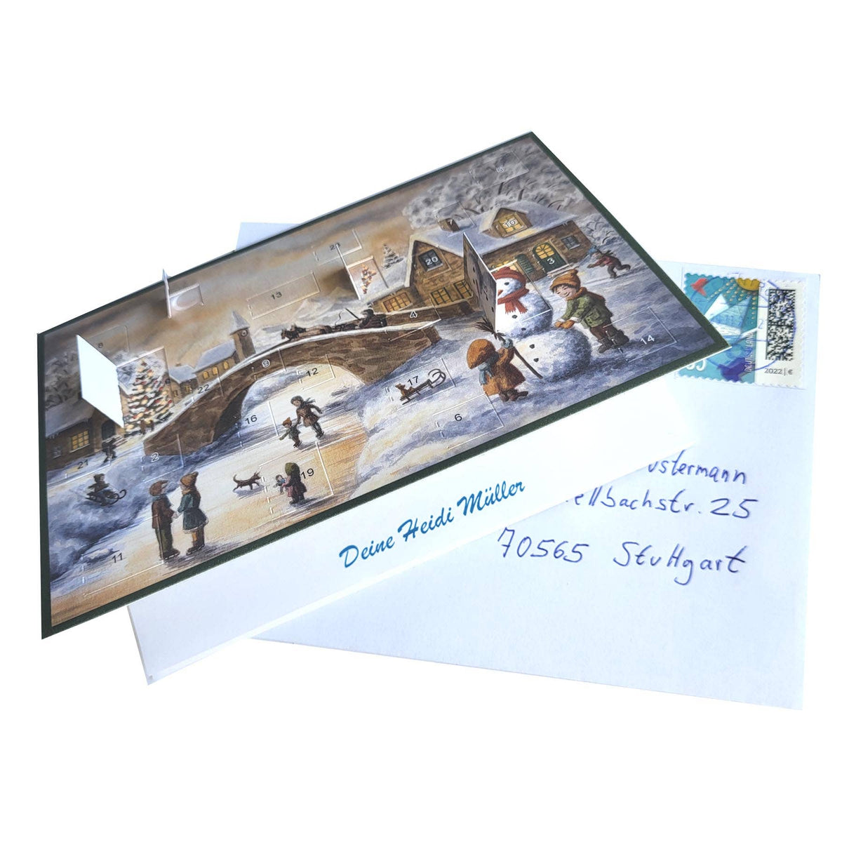 Postkarten-Adventskalender An der Brücke von Sellmer mit Briefumschlag