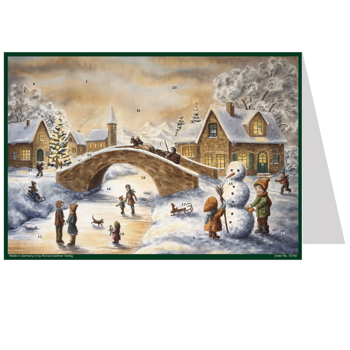 Postkarten-Adventskalender An der Brücke von Sellmer, Winterlandschaft mit Schneemann