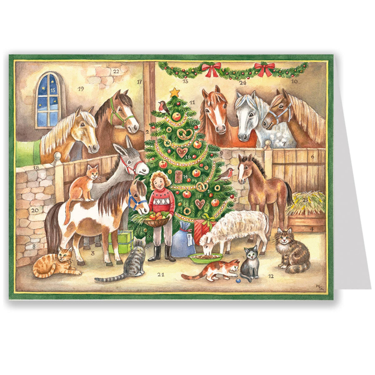 Postkarten-Adventskalender Im Stall von Sellmer mit Pferden am Weihnachtsbaum