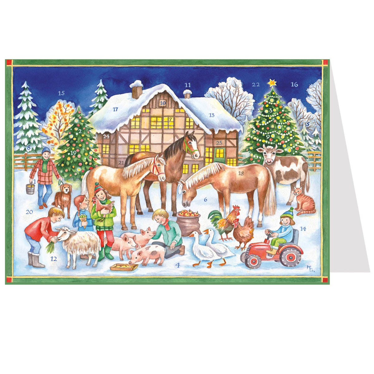 Postkarten-Adventskalender Weihnachten mit den Tieren von Sellmer, Bauernhof im Schnee