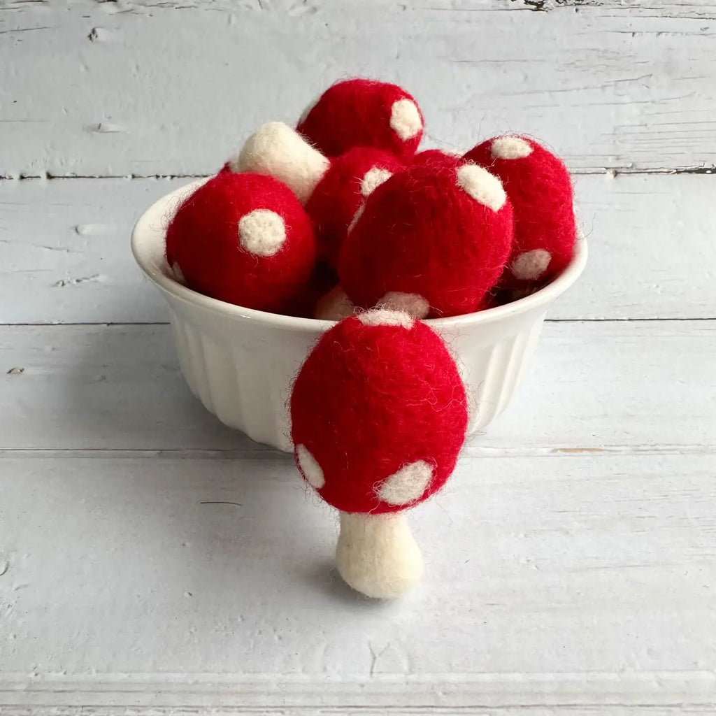 Fliegenpilz aus Filz von Sewing Seeds Play, roter Hut mit weißen Punkten