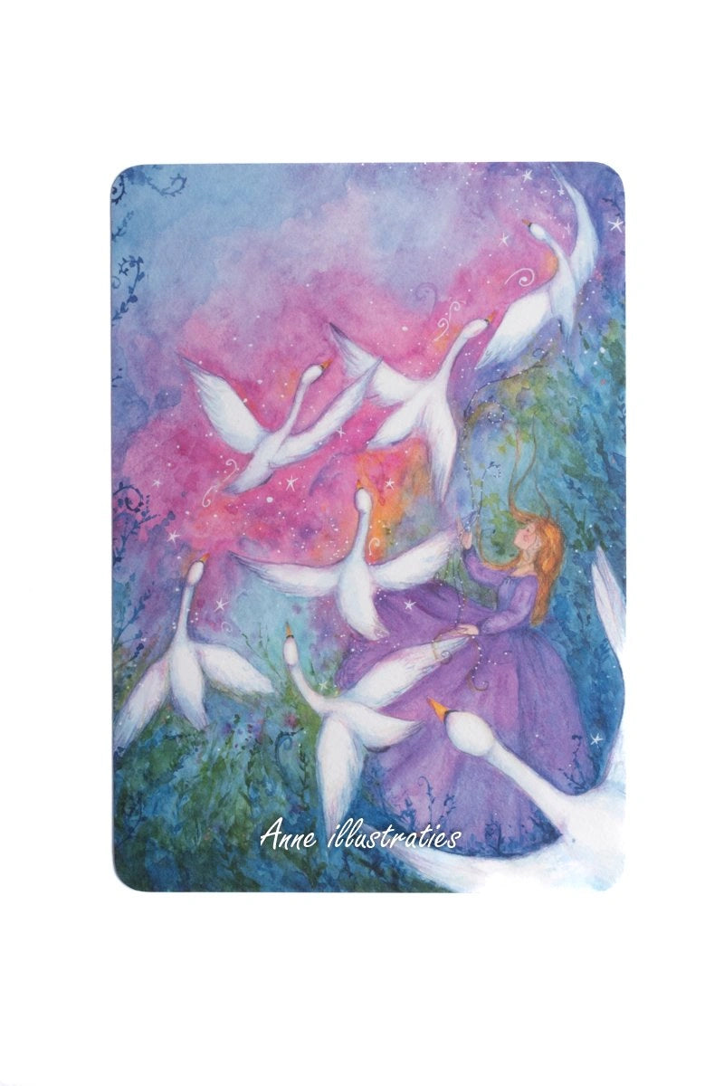 Kunstdruck Sieben Schwäne von Anne Gies A5, Kunstdruck mit Gestalt und sieben weißen Schwänen im rosa Himmel